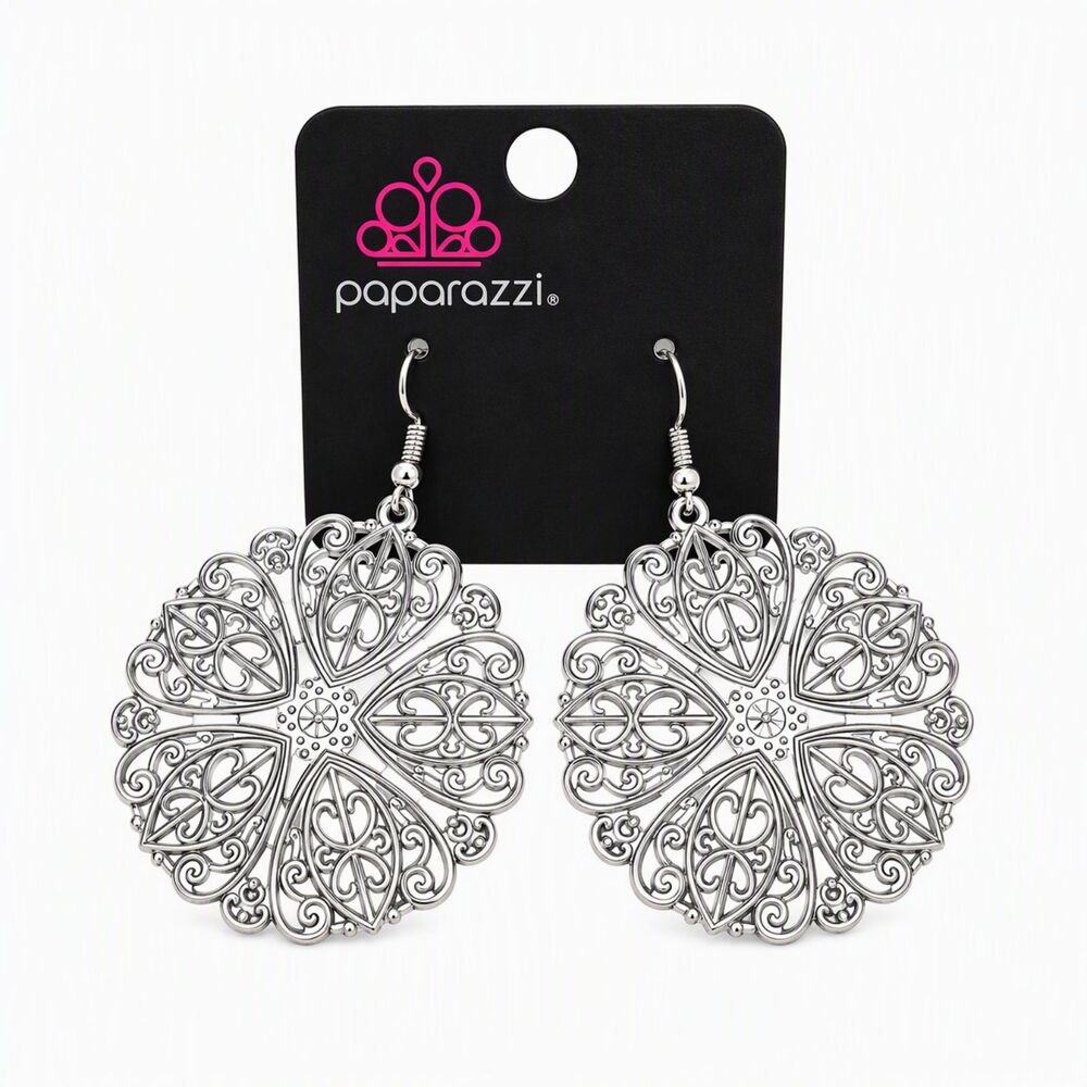 Paparazzi Silver Tone White Filigree Scrollwork Floral Snowflake Dangle Earrings